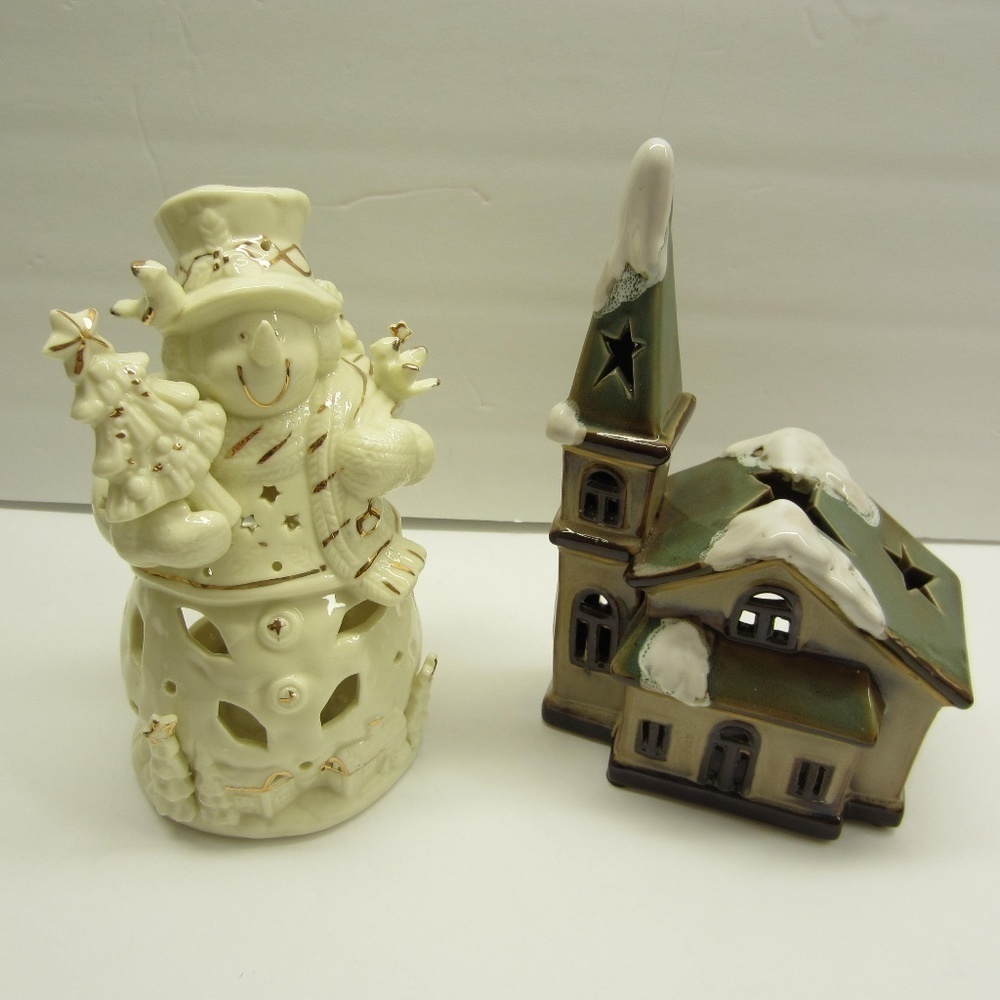 Christmas Snowman & Church candle Holders, Ceramic Holidays Decoration